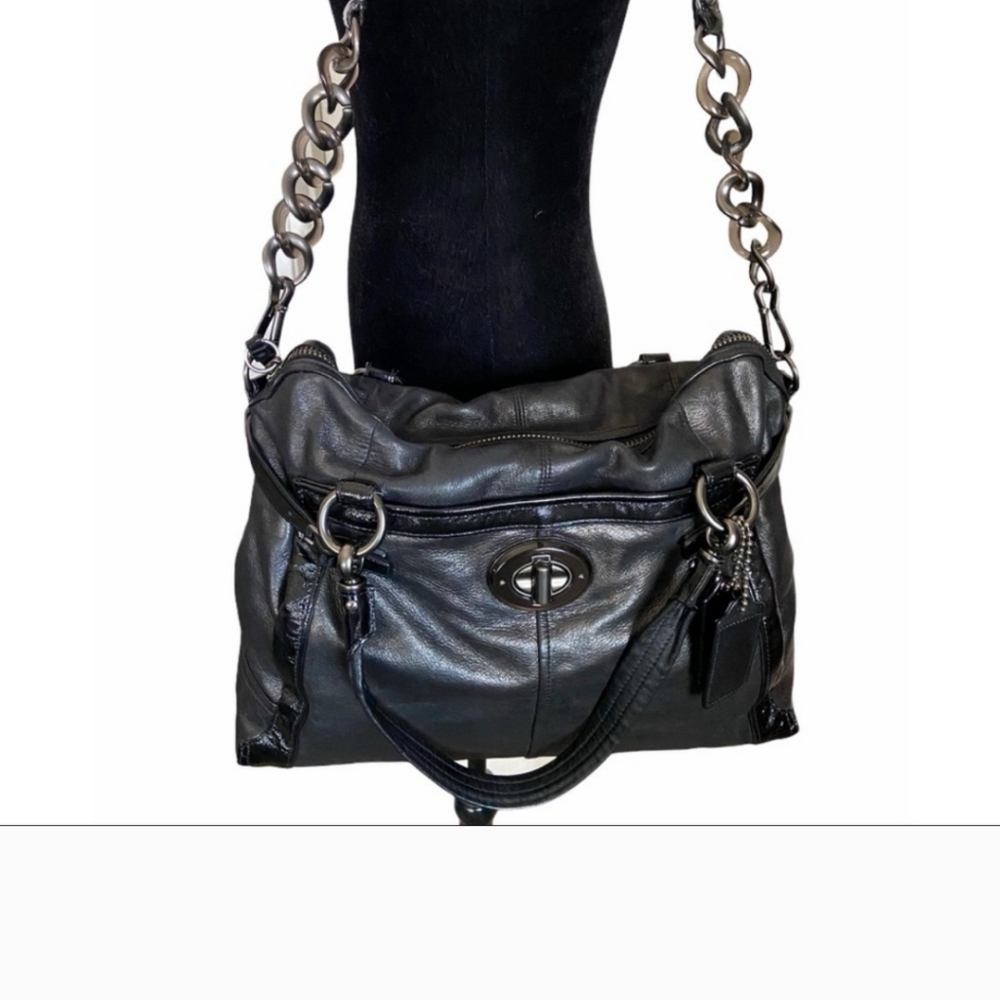 Coach Black Leather Chain-Handle Satchel